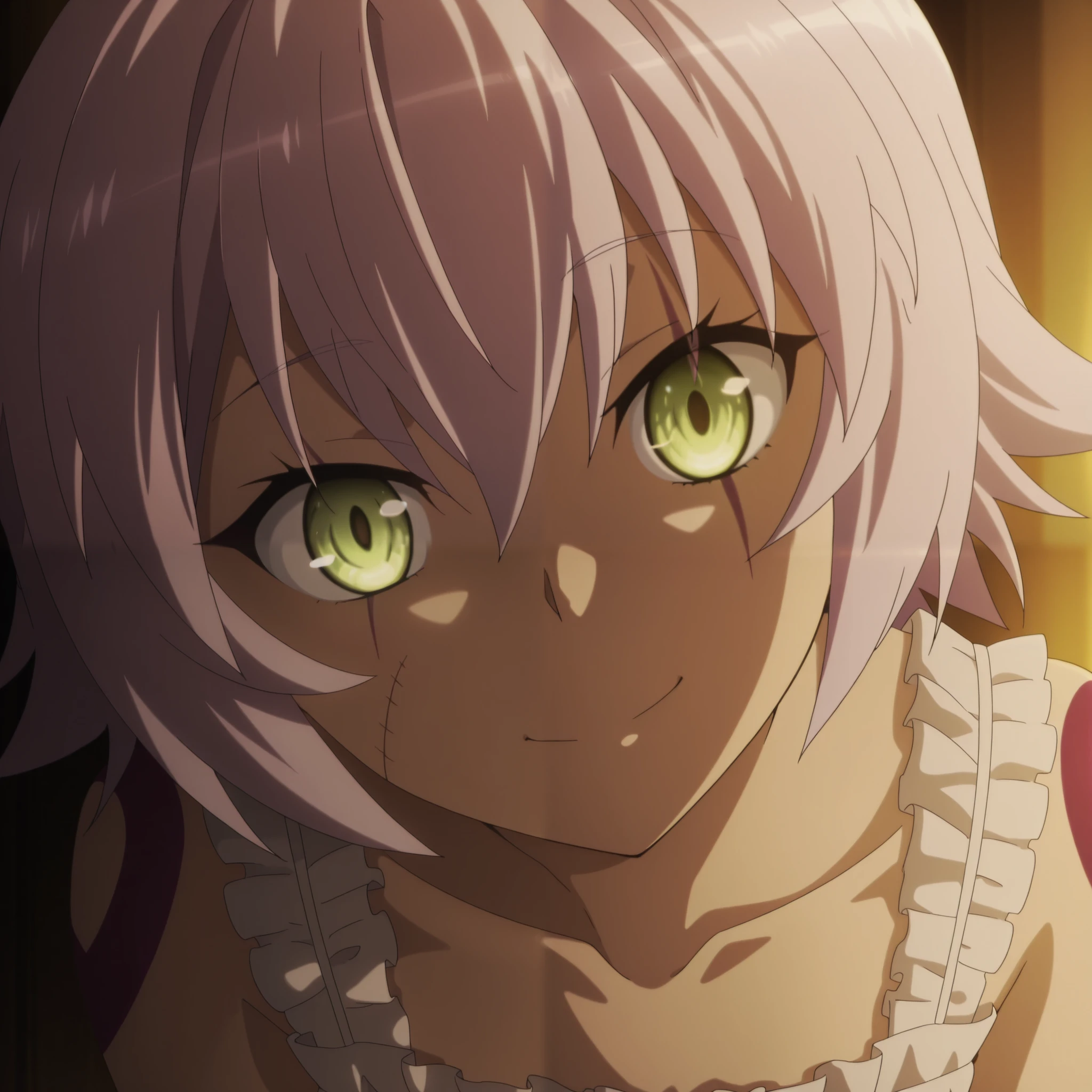 anime screencap, anime coloring, masterpiece,best quality, highres, JackTR,  jack_the_ripper_(fate/apocrypha), white dress, close-up, smile, head tilt, confused, dark, warm lighting, looking at viewer, scar across eye, scar on cheek, 