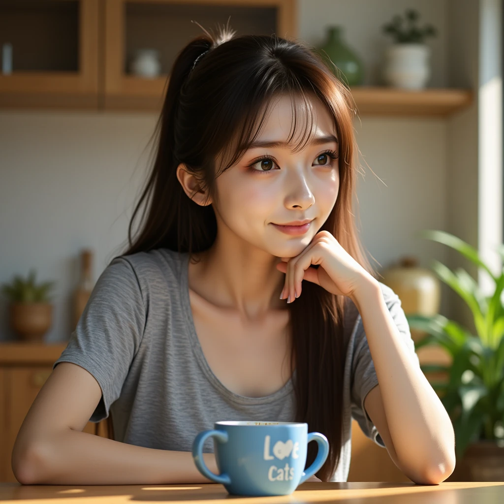 ((best quality, masterpiece, score_9, score_8_up, realistic photograph, life-like realism)), japanese girl, 28 yearsold, ((sitting at the kitchen table with a blue cup with "I Love Cats" written on it in white letters, filled with hot coffee, head tilted, she's resting her chin on one hand, lost in thought, wearing a worn grey workout t-shirt )), smirking, squareface, euphoria, (long messy brown hair with highlights, pulled back, black hairband, the soft morning light of sunrise highlights her features)
