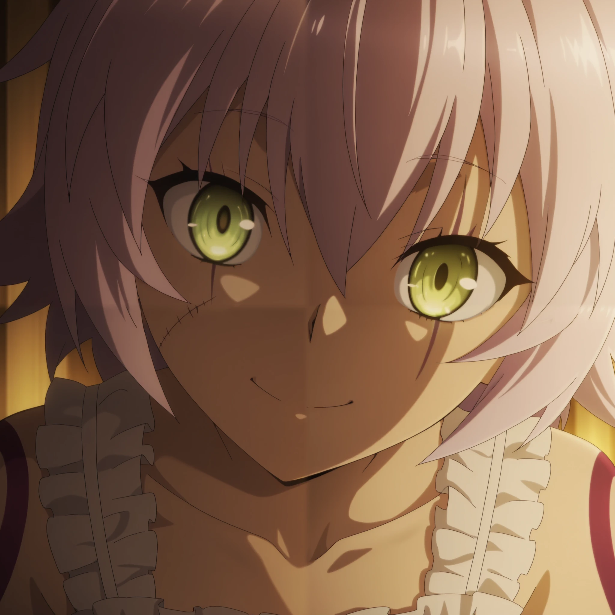 anime screencap, anime coloring, masterpiece,best quality, highres, JackTR,  jack_the_ripper_(fate/apocrypha), white dress, close-up, smile, head tilt, confused, dark, warm lighting, looking at viewer, scar across eye, scar on cheek, 