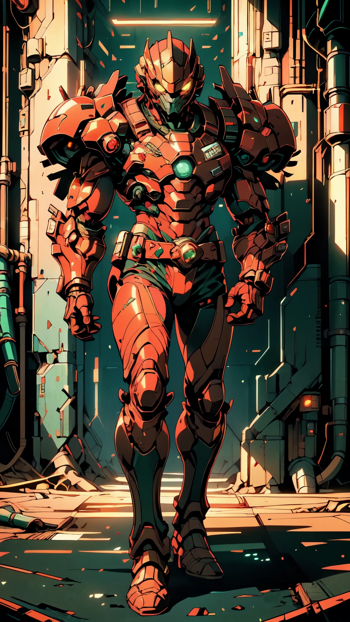 (masterpiece:1.5, best quality:1.5, extremely delicate:1.5), ((male:1.5)), a man wearing a full-face helmet, high-tech biomimetic armored combat suit, (a composite layered chest armor), the design balances heavy with agility, fully enclosed shoulder guards, matching arm and leg guards, a belt of gemstone, (the color scheme is primarily Green with Aqua and Red accents, Organic Biotech, Concept Inspired by Demon Knight, glowing eyes, armor glows, the huge cape fluttering in the wind), stand of a futuristic sci-fi city, this character embodies a finely crafted fantasy-style armored hero in anime style, exquisite and mature art style, metallic, high definition, highres, ultra-detailed, ultra-fine painting, professional, perfect body proportions, golden ratio, anatomically correct, symmetrical face, extremely detailed eyes and face, high quality eyes, creativity, RAW photo, UHD, 32k, Natural light, cinematic lighting, (masterpiece-anatomy-perfect:1.2)