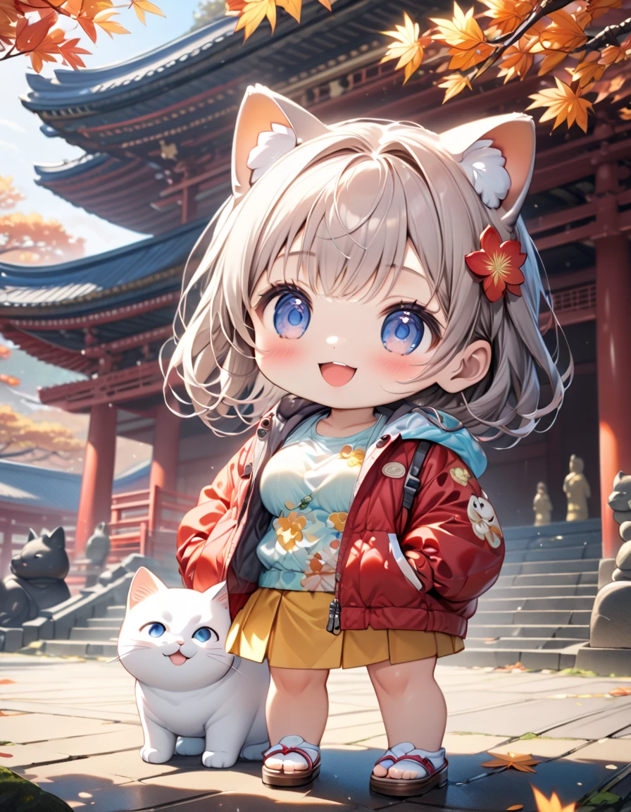 (masterpiece, ultra-detailed, best quality, clear focus, dramatic scene, cinematic), shadow, (ultra-high resolution, 8k), perfect anatomy, perfect face, (detailed face, detailed eye, chibi), cute Japanese chibi girl, famous Japanese chibi idol, very beautiful and cute and cool face, (wearing a cute outdoor wear with nylon jacket:1.3), (large breasts), (She is standing in front of the Great Buddha in a Japanese temple but instead of the Great Buddha there stands a cute giant fat cat statue there:1.3), mewing, (detailed cat:1.2), she looks so happy, beautiful autumn leaves, Traditional temple main hall and five-story pagoda