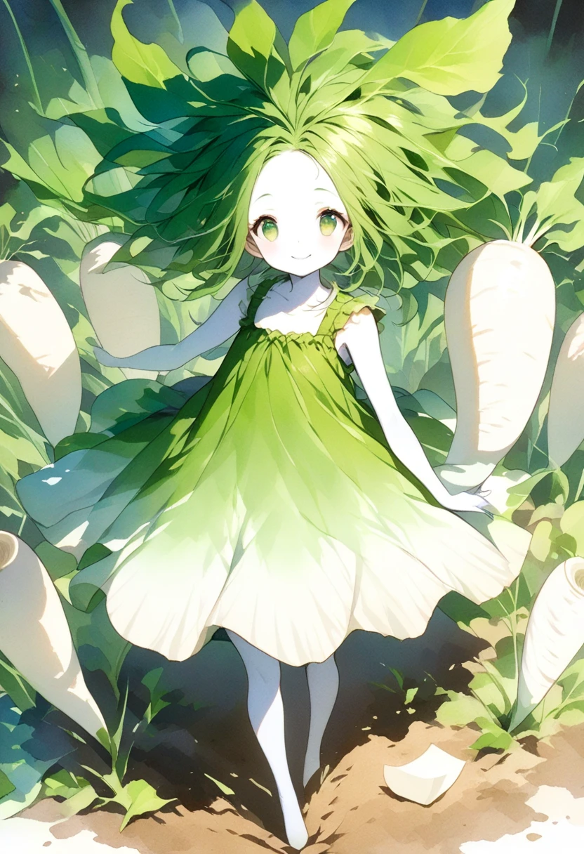 (masterpiece, best quality:1.2), A cute daikon lady, green hair, green eyes, pure white skin, wearing dress made of daikon skin, legs, smile, standing in the soil, looking at the camera. fantasy art, watercolor painting