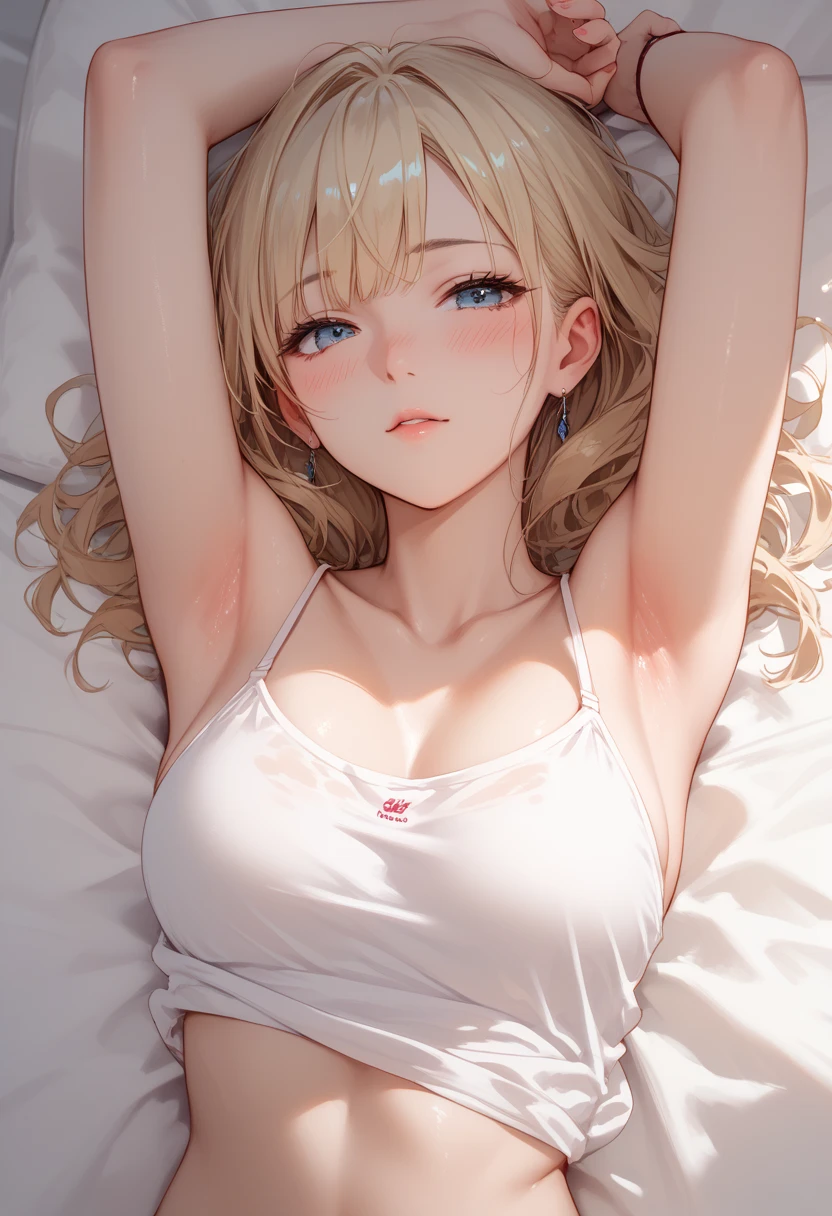 American movie actress, (high definition, young blonde beauty), micro underwear, soft looking big, tips of clearly visible, body lines are very sexy, crotch wide open, the shape of the tips of the is clearly visible, areola visible, pubic area is clearly visible, bra string is pulled by hand, underwear that sticks to wet skin, on bed