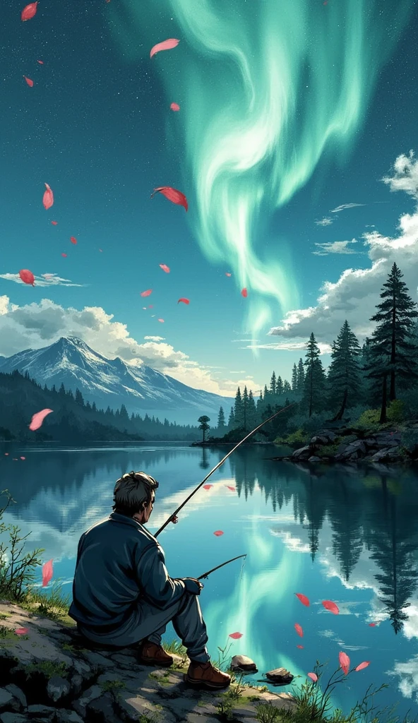 a man is fishing at a tranquil lake in the forest. sakura petals are flying around. the sky is filled with aurora. the lake has a clear reflection of the environment.