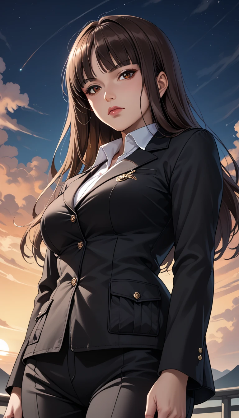 score_9, score_8_up, score_7_up, source_anime, rating_safe, BREAK nishizumi shiho, 1girl, mature female, blunt bangs, long hair, brown hair, straight hair, brown eyes, black jacket, long sleeves, wing collar, pant suit, black pants, formal, standing, cowboy shot, crossed arms, expressionless, closed mouth, looking at viewer, from below, dutch angle, sunset, gradient sky, night sky, horizon, cloud