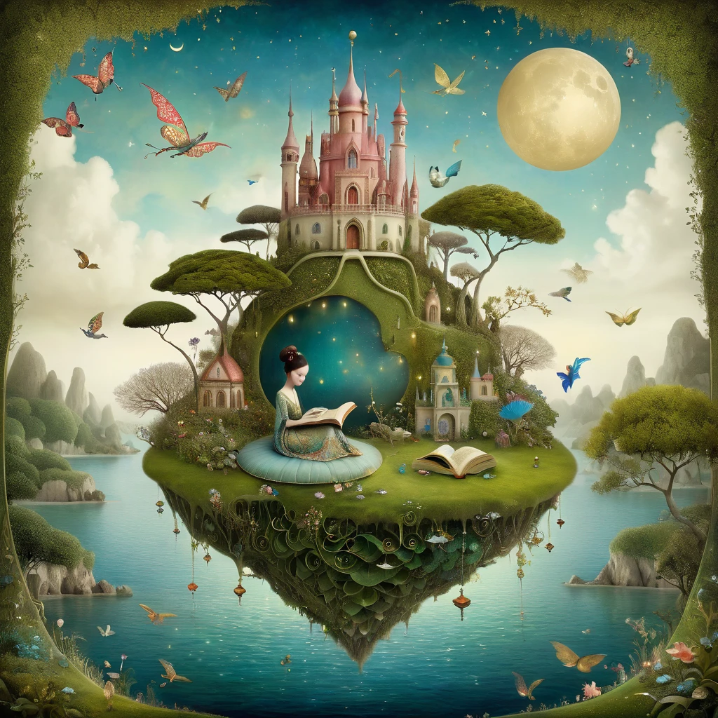 Patchwork by Catrin Welz-Stein, Nicoletta Ceccoli, Naoto Hattori, Klimt, Leonora Carrington of a (woman sitting on a small island), reading a book, surrounded by enchanting elements. Other small islands are characterized by (majestic) dragons, extravagant castles with tall towers, leafy trees, winged horses, ladders and bridges. The atmosphere is (quiet) with vibrant details, lush ochra and a gently glowing sky, creating an enchanting world of fantasy, ultra-detailed and immersive.
