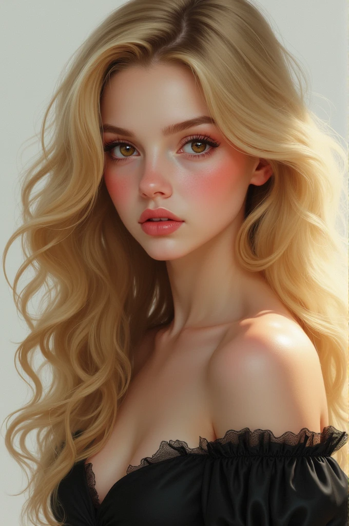 Beautiful woman with long curly blonde hair, purple eyes, long nose, freckles, wearing a vest