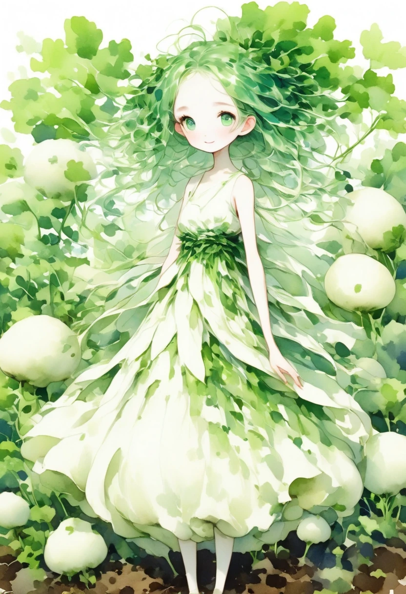 (masterpiece, best quality:1.2), A cute daikon lady, green hair, green eyes, pure white skin, wearing dress made of daikon skin, legs, smile, standing in the soil, looking at the camera. fantasy art, watercolor painting