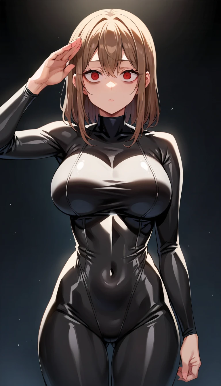   score_9,   score_8_up,   score_7_up,   score_6_up,   score_5_up,   score_4_up, BREAK source_Anime, id day ,   brown hair,  shorthair,(red eyes), Big Breasts,(( hollow eyes)),Expressionless, (stand up, salute), (( black latex rubber suit )),   black background ,   Simple Background ,