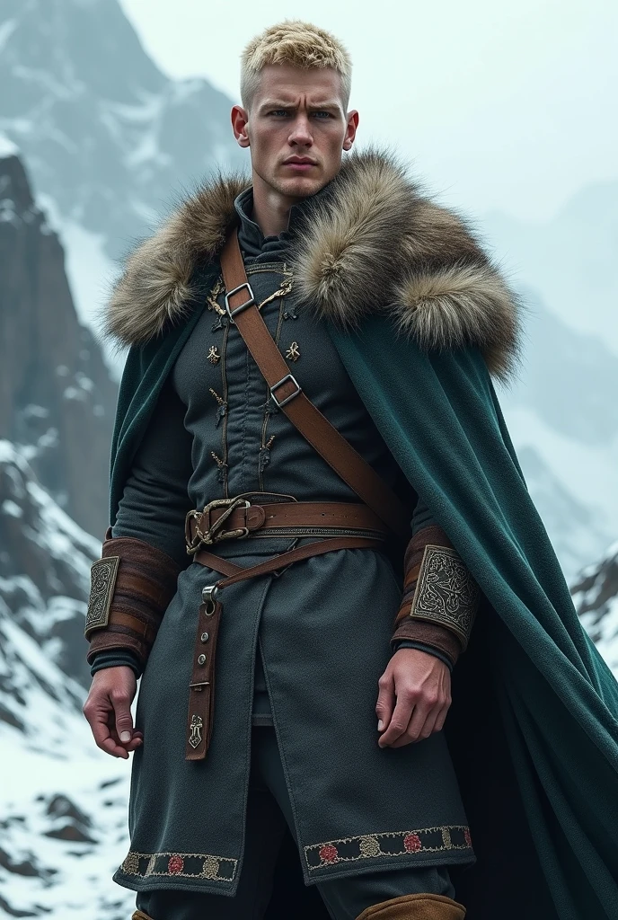 Handsome russian man. He is tall. Has muscular build, pale skin. Gray shiny eyes (nearly white). Gray eyes. Spiky short degraphed hair. Dark brown (slightly green) hair tone. Wears a fur mantle (brown). Metallic blue baggy pants. He is a russian druid. No facial hair, no mustache, no beard.