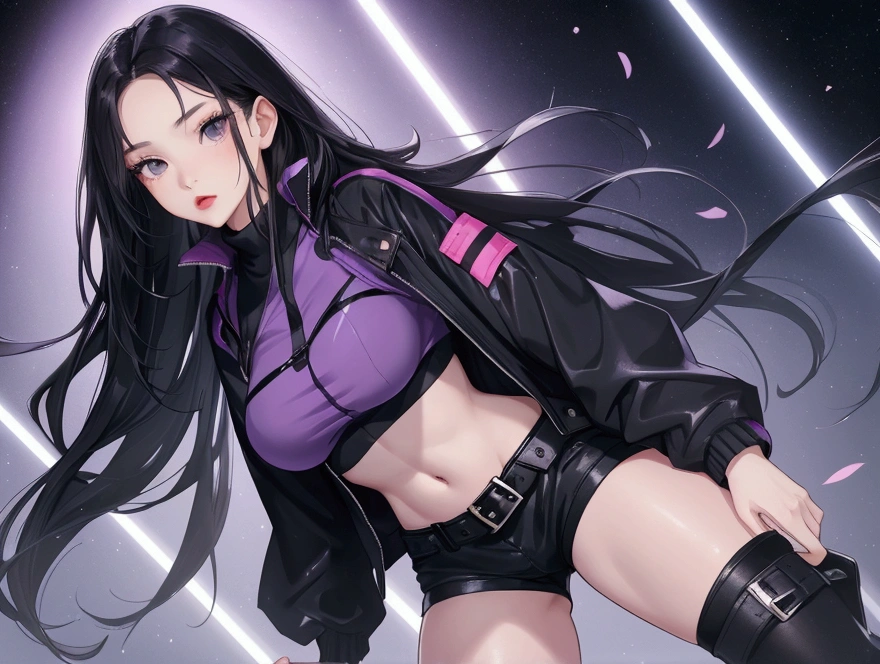 young girl, Long black hair in two ponytails, pink eyes, punk, leather jacket, Upskirt, open belly, open breasts, Masterpiece, hiquality