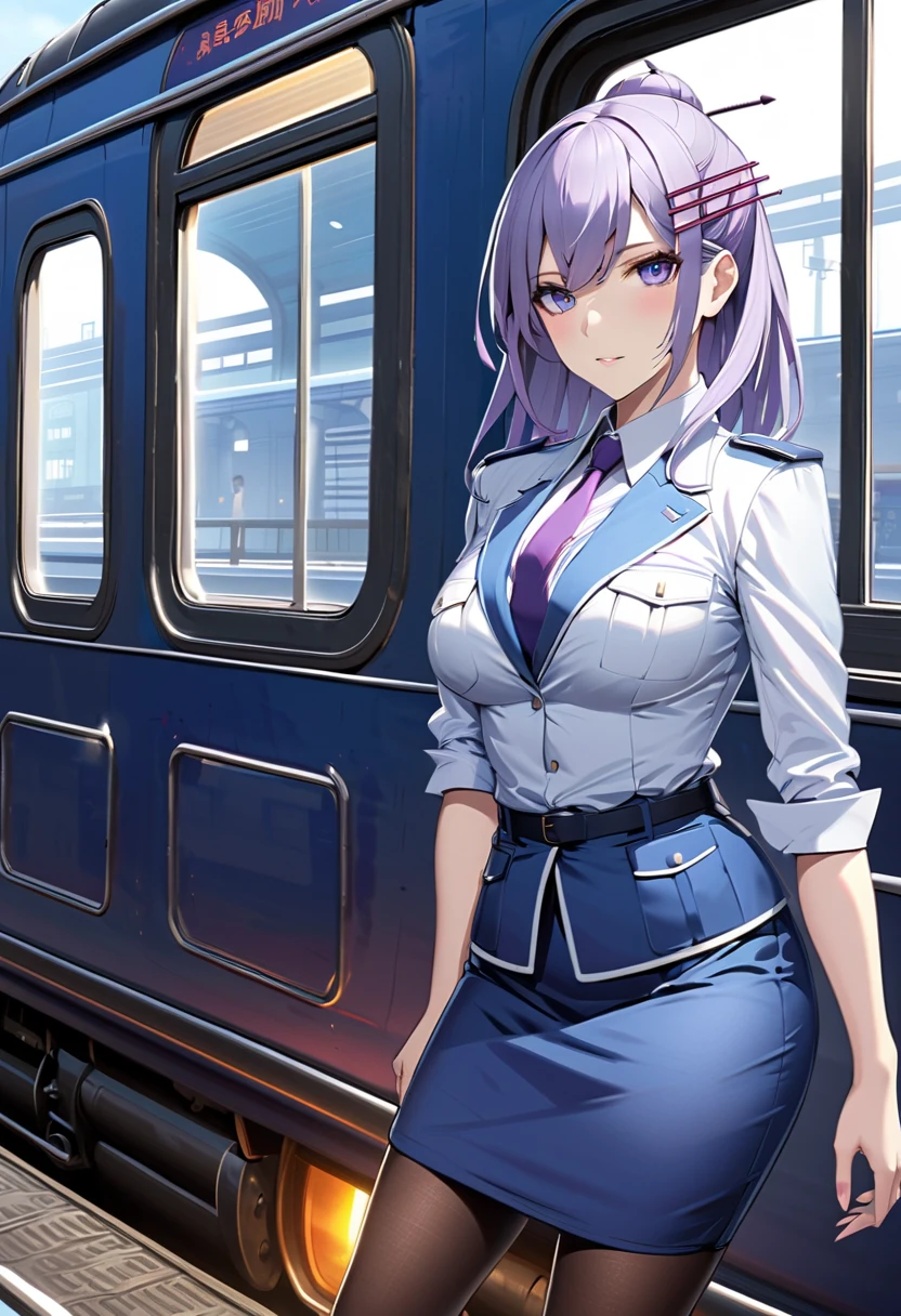 extremely detailed, 2d, solo, stewardess, unbuttoned blue blouse, cleavage, white skirt, gloves, cap, (smile:0.5), indoors, airport, facing viewer, frontal image, one hand at waist.