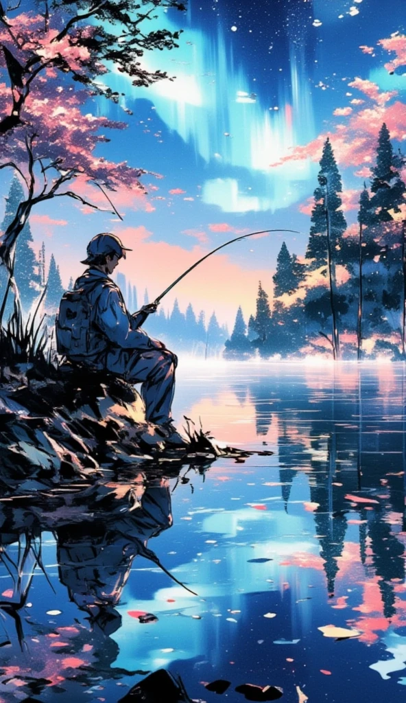 a man is fishing at a tranquil lake in the forest. sakura petals are flying around. the sky is filled with aurora. the lake has a clear reflection of the environment.