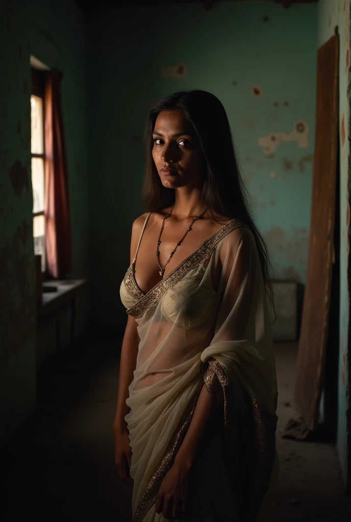(complex composition:1.3), (detailed and expressive eyes:1.6), (futuristic style), (An intimate portrait of a naked woman hiding among thin drapes:1.2), (closed mouth:1.2), (authentic expression in her eyes: 1.2), wearing dark smoke eye makeup, the photograph captured in stunning 8k resolution and raw format to preserve the highest quality of details. (bare shoulders, small covered breasts:1.3), (her eyes are portrayed with meticulous attention to detail: 1.3), The photograph is taken with a lens that emphasizes the depth in her eyes, (wind billows around her), and the backdrop is a dark studio setting that enhances the colours of the scene. The lighting and shadows are expertly crafted to bring out the richness of her skin tone and the intense atmosphere. Her creative hair adds a touch of contrast against her skin, The overall composition captures her essence with authenticity and grace, creating a portrait that celebrates her heritage and beauty. Photography utilizing the best techniques for shadow and lighting, to create a mesmerizing portrayal that transcends the visual, slightly tilted head,