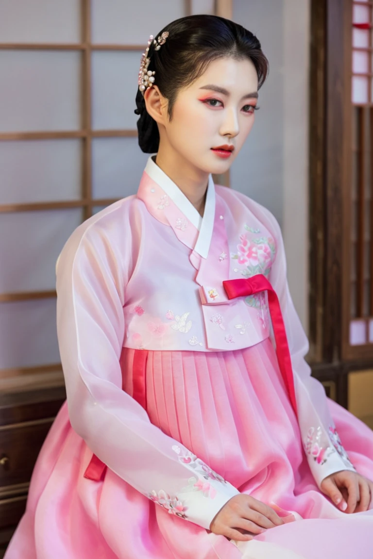 Korean man wearing hanbok for women,  hello crossdresser ,   His face and hairstyle are very masculine, Pearl ,  sexy hanbok for sexy women, Very short hanbok jacket, women's breasts, pink and red,  slim female body ,  transparent jacket , Satin ,  Floral Pattern , Small side,  sit quietly 