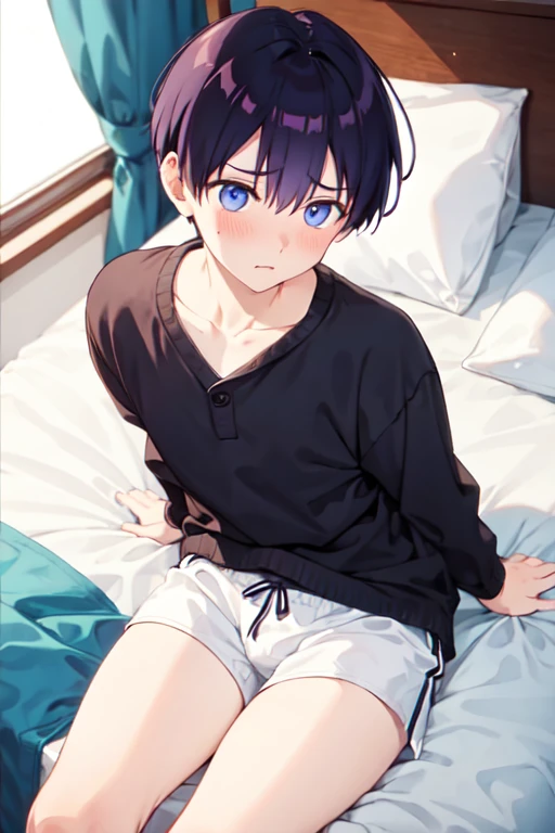 １４age　 one boy with w　 in underwear　 shorts　 bed　Anxious expression