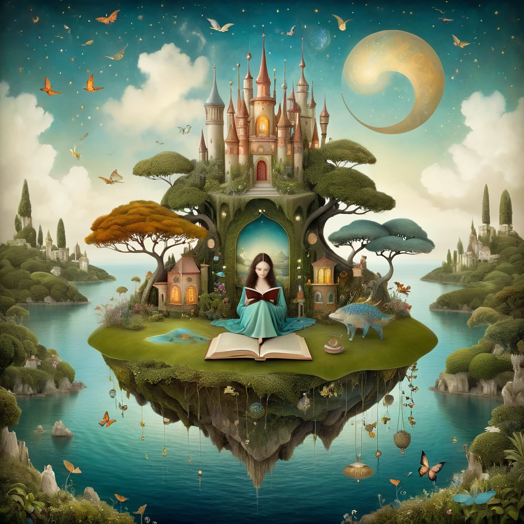 Patchwork by Catrin Welz-Stein, Nicoletta Ceccoli, Naoto Hattori, Klimt, Leonora Carrington of a (woman sitting on a small island), reading a book, surrounded by enchanting elements. Other small islands are characterized by (majestic) dragons, extravagant castles with tall towers, leafy trees, winged horses, ladders and bridges. The atmosphere is (quiet) with vibrant details, lush amber and a gently glowing sky, creating an enchanting world of fantasy, ultra-detailed and immersive.
