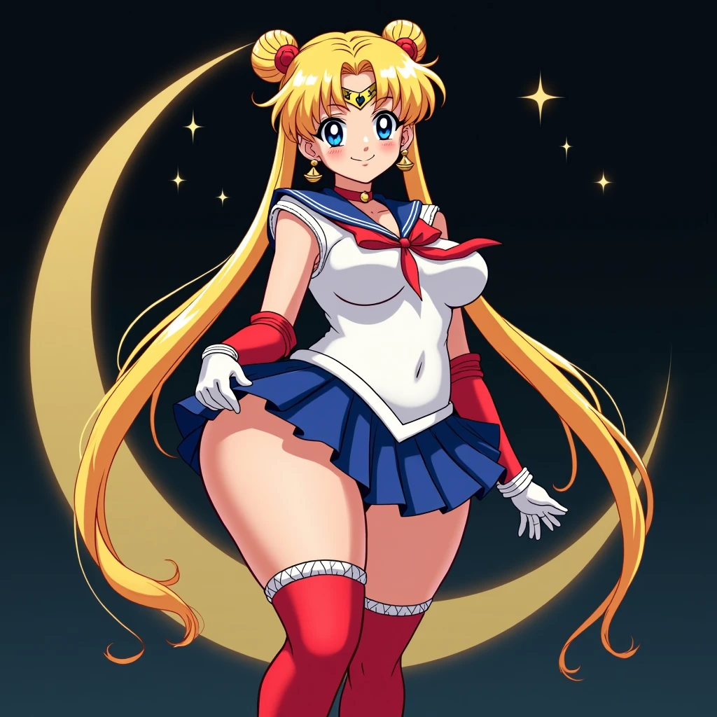 masterpiece, best quality, absurdres, perfect antomy, 1girl, solo, SMMoon, 1990s \(style\), blonde sailor moon, (small breast) standing, smile, cowboy shot, sailor senshi uniform, sailor collar, blue skirt, elbow gloves, in back pose, show her booty, backwards, no thong, big booty, ultra mini skirt, (detailed:1.3), ultra high res, ultra detailed, Highly detailed face and skin texture, detailed eyes, double eyelids, dynamic light, (HIGHLY DETAILED FACE) in back pose, show her booty, backwards, (both hands on her butt), lifting her little skirt. BOOTY NO THONG, (WIND LIFTING THE SKIRT)