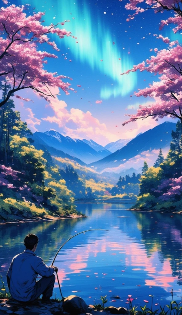 a man is fishing at a tranquil lake in the forest. sakura petals are flying around. the sky is filled with aurora. the lake has a clear reflection of the environment.