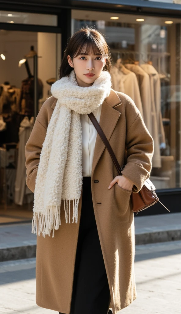 (profile:1.8), in the morning, He saw a Japanese beautiful woman, age 28, medium short hair. She is walking in front of a apparel shop. wearing the key fashion trends for Winter 2024, fluffy white scarf, brown long coat, white collar blouse. black wide-pants, carrying a leather bag over her shoulder.