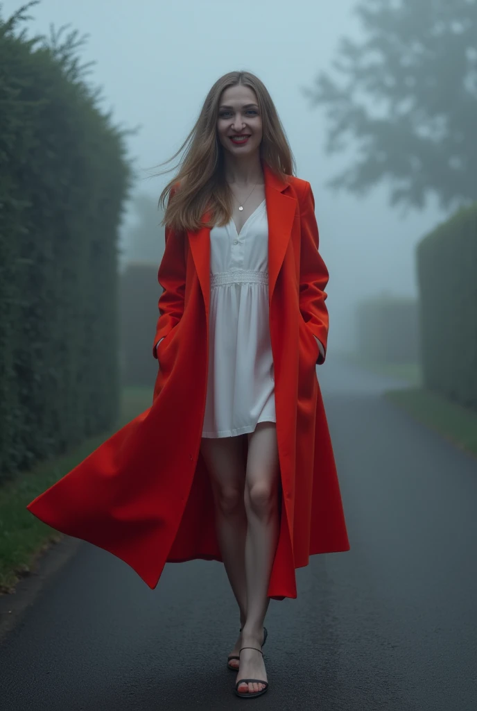 a 25 year old woman wearing a long bright red coat, the coat is open at the front to show a pale dress, her hands are in the coat pockets she's tall and slender with long flowing hair, her skin is pale but she wears bright red lipstick she's walking towards the viewer emerging from a heavy fog on a narrow english country road, she's walking along the edge of the road near a high hedge she's smiling a welcoming smile at the viewer as she approaches