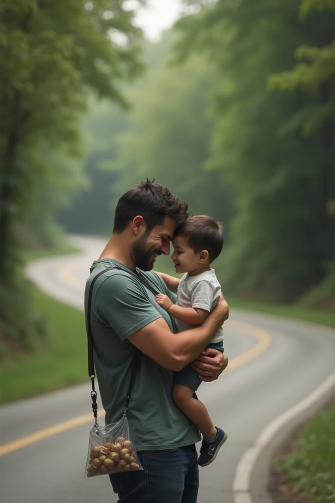 a bird father holds a human baby on top of a hill