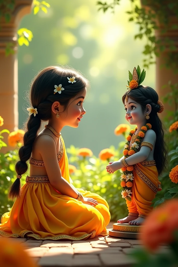 Goddess Radha and Lord Krishna as childs playing in the garden , Indian God, 8K render, facing towards the viewers