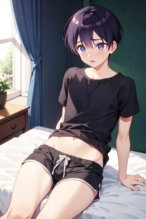 １４age　 one boy with w　 in underwear　 shorts　 bed　Anxious expression