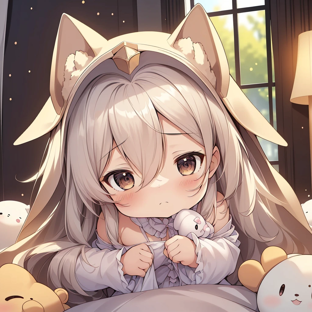 Chibi、cute、(nsfw:0.9),(:1.4), Alone, whole body,  sitting,  dynamic angle,  white hair ,  flat chested, Frilled, ３age,  brown hair,  long hair,   knight ,  starry sky , dark, sleepy, i want to sleep, Animal ear hood , Holding a teddy bear,  Covered breasts,shy, , A girl in pajamas holding a large stuffed animal , with a shy expression on her face, Bedroom environment,  The edges of the 、There should be an atmosphere where sensuality and innocence are mixed, The background should be visually appealing ,