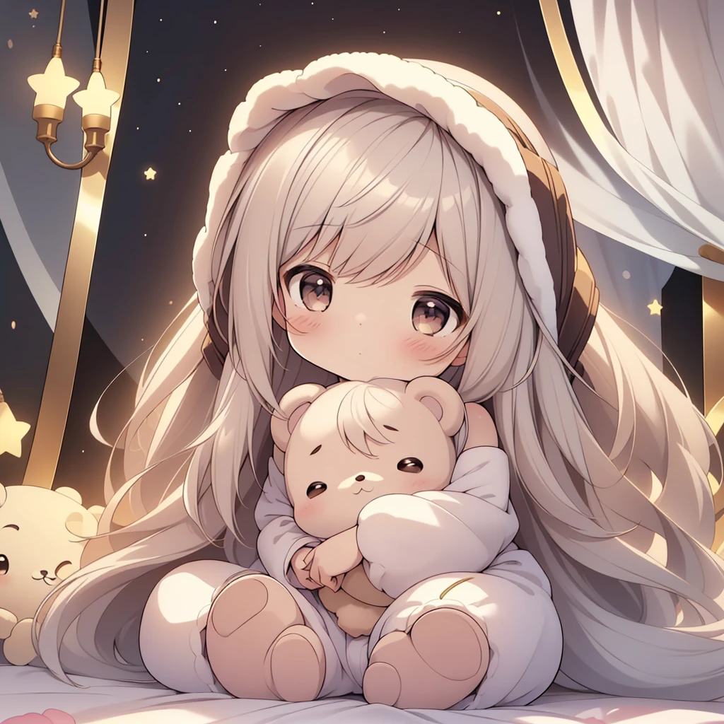 Chibi、cute、(nsfw:0.9),(:1.4), Alone, whole body,  sitting,  dynamic angle,  white hair ,  flat chested, Frilled, ３age,  brown hair,  long hair,   knight ,  starry sky , dark, sleepy, i want to sleep, Animal ear hood , Holding a teddy bear,  Covered breasts,shy, , A girl in pajamas holding a large stuffed animal , with a shy expression on her face, Bedroom environment,  The edges of the 、There should be an atmosphere where sensuality and innocence are mixed, The background should be visually appealing ,