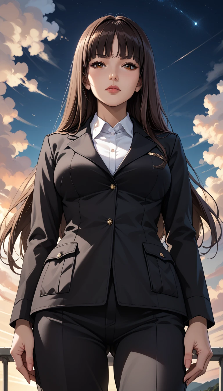 score_9, score_8_up, score_7_up, source_anime, rating_safe, BREAK nishizumi shiho, 1girl, mature female, blunt bangs, long hair, brown hair, straight hair, brown eyes, black jacket, long sleeves, wing collar, pant suit, black pants, formal, standing, cowboy shot, crossed arms, expressionless, closed mouth, looking at viewer, from below, dutch angle, sunset, gradient sky, night sky, horizon, cloud