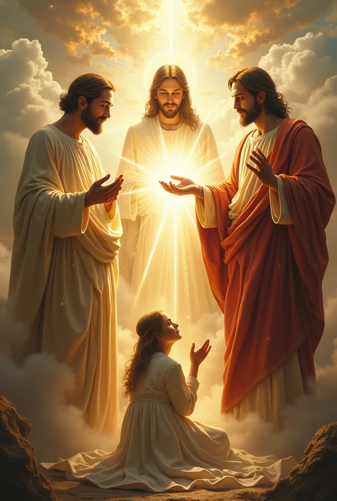 Create an image that depicts Jesus' childhood with a divine touch. The scene should show the baby Jesus in a simple, peaceful village setting, radiating soft light around him, symbolizing his holiness and power from infancy. He should be surrounded by children and adults, all in awe and touched by his presence. Include natural elements such as trees and flowers to represent the purity and simplicity of the scene. The sky should have soft shades of blue and gold, with a slight glowing halo above Jesus, highlighting his divine nature. The atmosphere should convey a sense of love, peace and miracle.