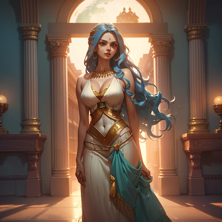 a beautiful majestic indian woman,long blue hair,large breasts,red lipstick,beautiful green suit,golden flower patterns,incredible power,standing in front of the moon,(best quality,4k,8k,highres,masterpiece:1.2),ultra-detailed,(realistic,photorealistic,photo-realistic:1.37),portrait,dramatic lighting,cinematic,chiaroscuro,vibrant colors,moody,mystical,elegant