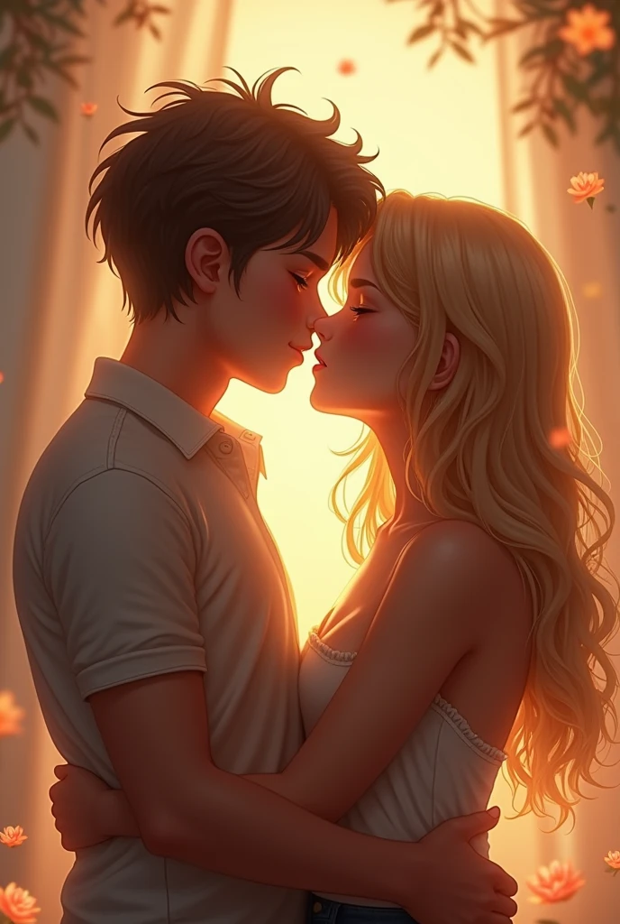 A boy and a very beautiful girl with cute face ....a boy is hugging his beautiful girlfriend and also kissing her lips where both are immersed in a state of deep and divine love and romance