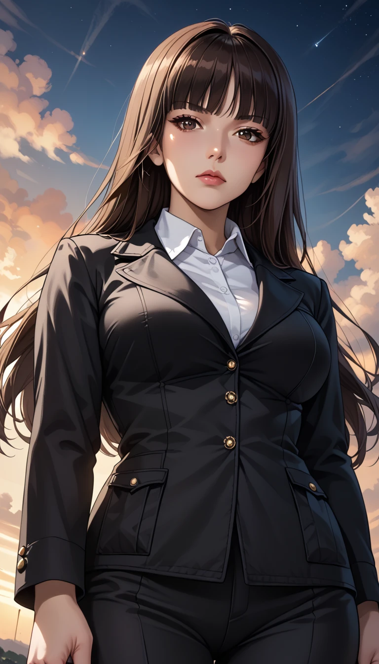 score_9, score_8_up, score_7_up, source_anime, rating_safe, BREAK nishizumi shiho, 1girl, mature female, blunt bangs, long hair, brown hair, straight hair, brown eyes, black jacket, long sleeves, wing collar, pant suit, black pants, formal, standing, cowboy shot, crossed arms, expressionless, closed mouth, looking at viewer, from below, dutch angle, sunset, gradient sky, night sky, horizon, cloud