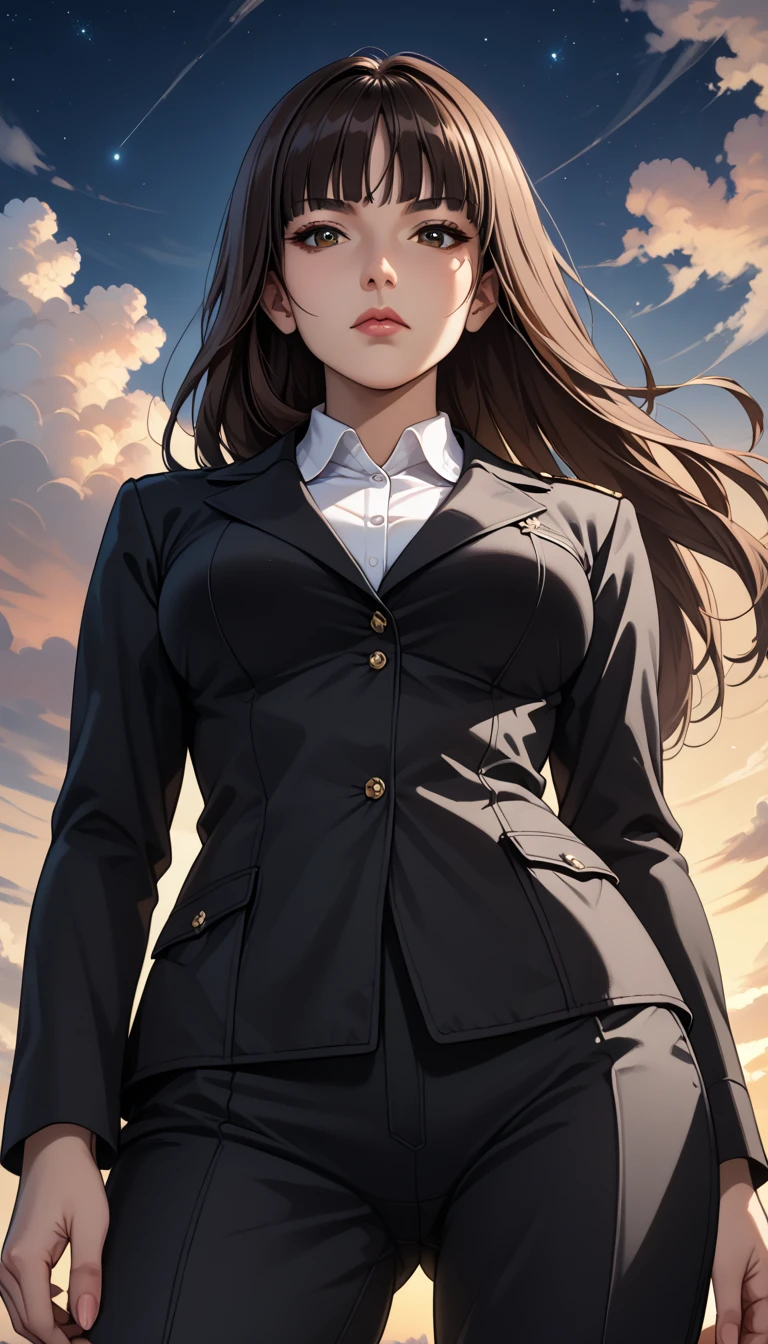 score_9, score_8_up, score_7_up, source_anime, rating_safe, BREAK nishizumi shiho, 1girl, mature female, blunt bangs, long hair, brown hair, straight hair, brown eyes, black jacket, long sleeves, wing collar, pant suit, black pants, formal, standing, cowboy shot, crossed arms, expressionless, closed mouth, looking at viewer, from below, dutch angle, sunset, gradient sky, night sky, horizon, cloud