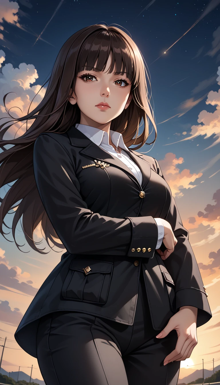 score_9, score_8_up, score_7_up, source_anime, rating_safe, BREAK nishizumi shiho, 1girl, mature female, blunt bangs, long hair, brown hair, straight hair, brown eyes, black jacket, long sleeves, wing collar, pant suit, black pants, formal, standing, cowboy shot, crossed arms, expressionless, closed mouth, looking at viewer, from below, dutch angle, sunset, gradient sky, night sky, horizon, cloud