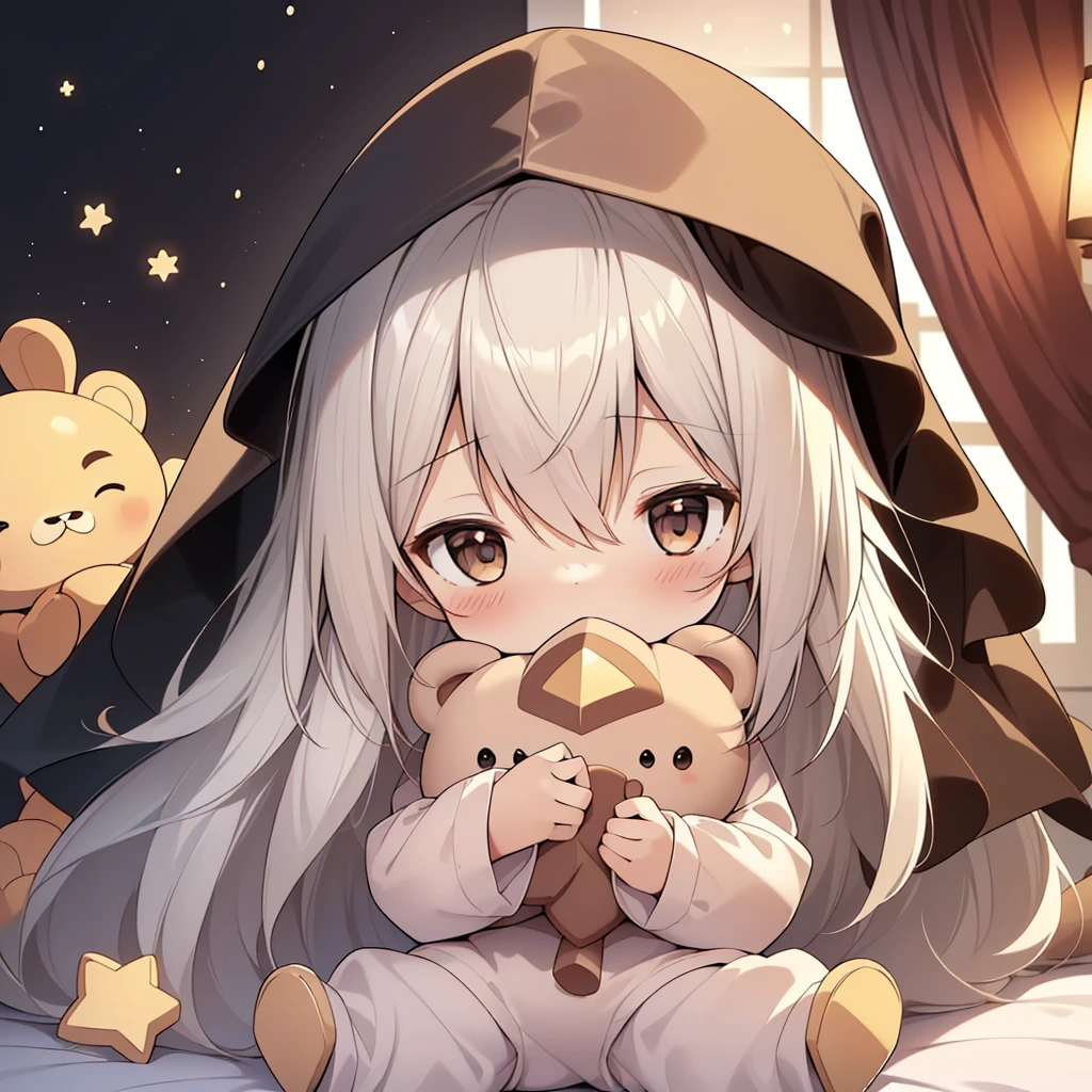 Chibi、cute、(nsfw:0.9),(:1.4), Alone, whole body,  sitting,  dynamic angle,  white hair ,  flat chested, Frilled, ３age,  brown hair,  long hair,   knight ,  starry sky , dark, sleepy, i want to sleep, Animal ear hood , Holding a teddy bear,  Covered breasts,shy, , a girl in pajamas holding a big stuffed animal, with a shy expression on her face, Bedroom environment, 、An innocent atmosphere, The background is visually appealing and ,