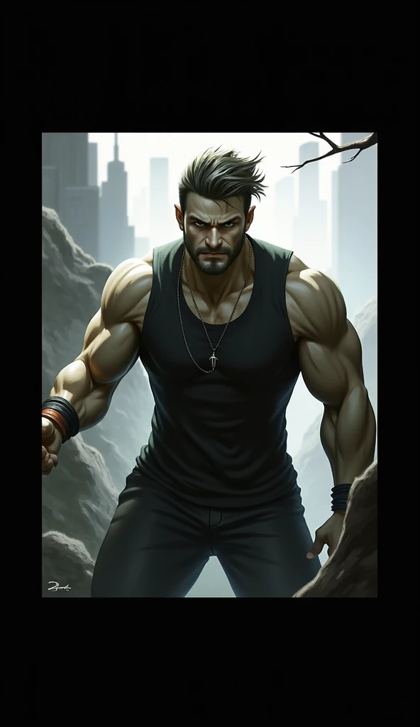 boys 26 Years old, Serious face, shorts hair, gray hair, wearing dark clothes, black pants