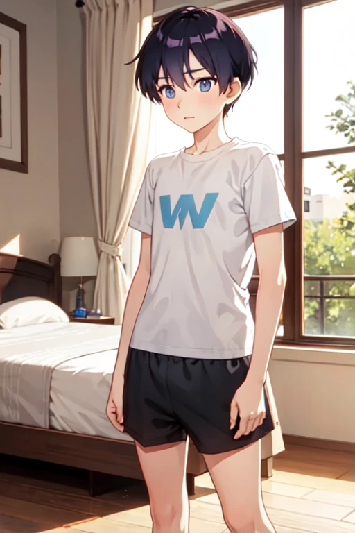 １４age　 one boy with w　 in underwear　 shorts　 bed　Anxious expression