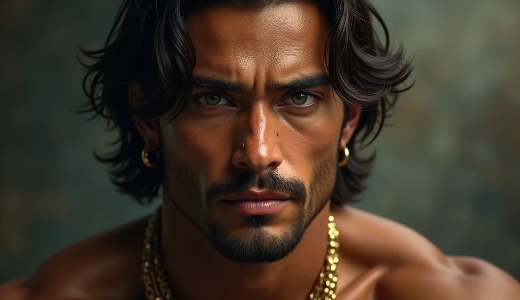 fking_scifi, fking_scifi_v2, portrait of a young, muscular very handsome and attractive Arabic warrior man, in front of an sand desert, long messy hair, hairy body, rich colorful and golden jewelry, close up, regal pose and attitude. fking_cinema_v2.