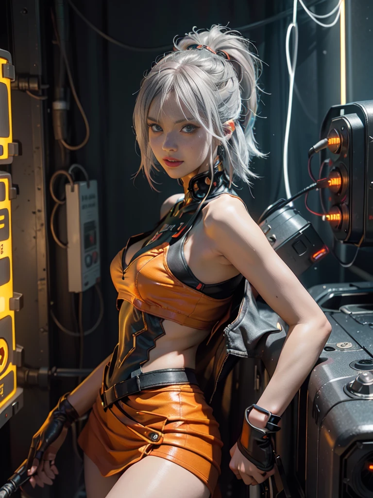 Full body, gray hair, (Dragoon: 1.2), Brantovan, masterpiece, best quality, official art, very elaborate CG Unity 8K wallpaper, for girls, ultra high resolution, (photorealistic: 1.4), golden hour lighting, sweater dress, (upper body), (platinum shorthair: 0.8), (puffy eyes), looking at the viewer, frontal, smile, medium breasts, gentle smile, Shirt lift, gloves, short hair