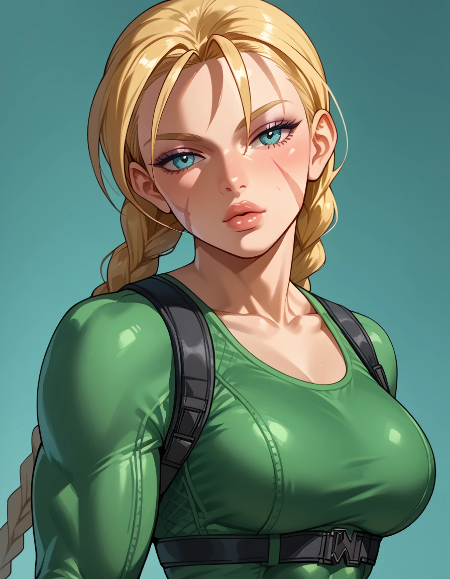 score_9, score_8_up, score_7_up, rating_questionable, epiCPhoto, 1girl, very sexy (cammySDXL, blonde hair, long hair, twin braids, scar on face:1.1), beautiful waifu, yogapants, dark green yoga pants, in gym, long legs, thicc, solo, cute, flirt, gaze, sexy look, half-closed eyes, head tilt, filled lips, thick lips, makeup, modelling shoot, sexy pose, face portrait, close-up.