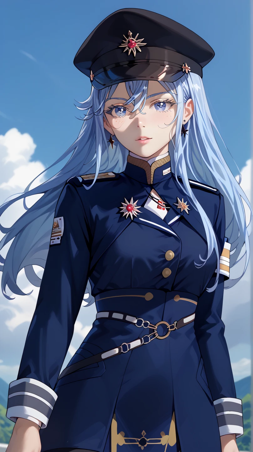 (Vladilena Milize), (Vladilena), light blue hair, blue eyes, dark blue military cap