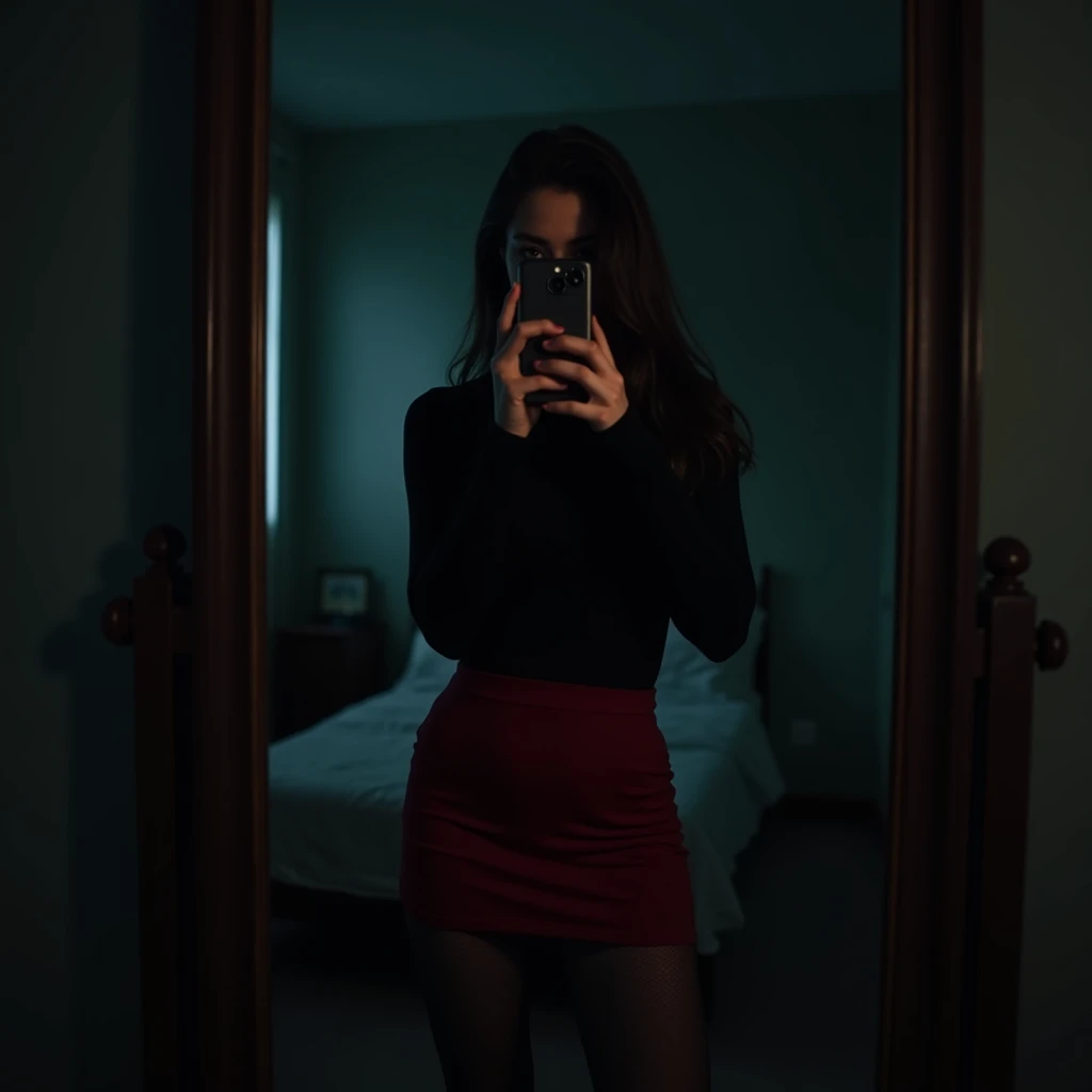 (Photorealistic:1.2),indian teen girl,teen,mirror selfie,iphone,phone hides face and eyes,small breasts,topless,long straight hair,hair hides breasts,standing pose,front facing shot,background covered by black wardrobe,black wardrobe without any design,sides of mirror not visible,maroon shorts,legs crossed,dark room,spotlight from top,face hidden, eyes hidden,black and white photo