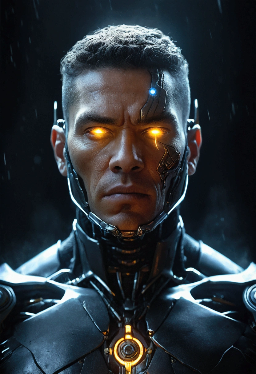 UNI_SCI_FI_CORE An atmospheric and powerful dark fantasy, impressionist classical-style painting of an cyborg man.
