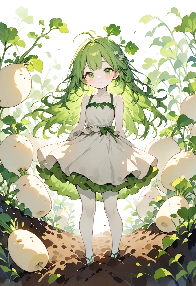 (masterpiece, best quality:1.2), A cute daikon lady, green hair, green eyes, pure white skin, wearing dress made of daikon skin, legs, smile, standing in the soil, looking at the camera. fantasy art, watercolor painting