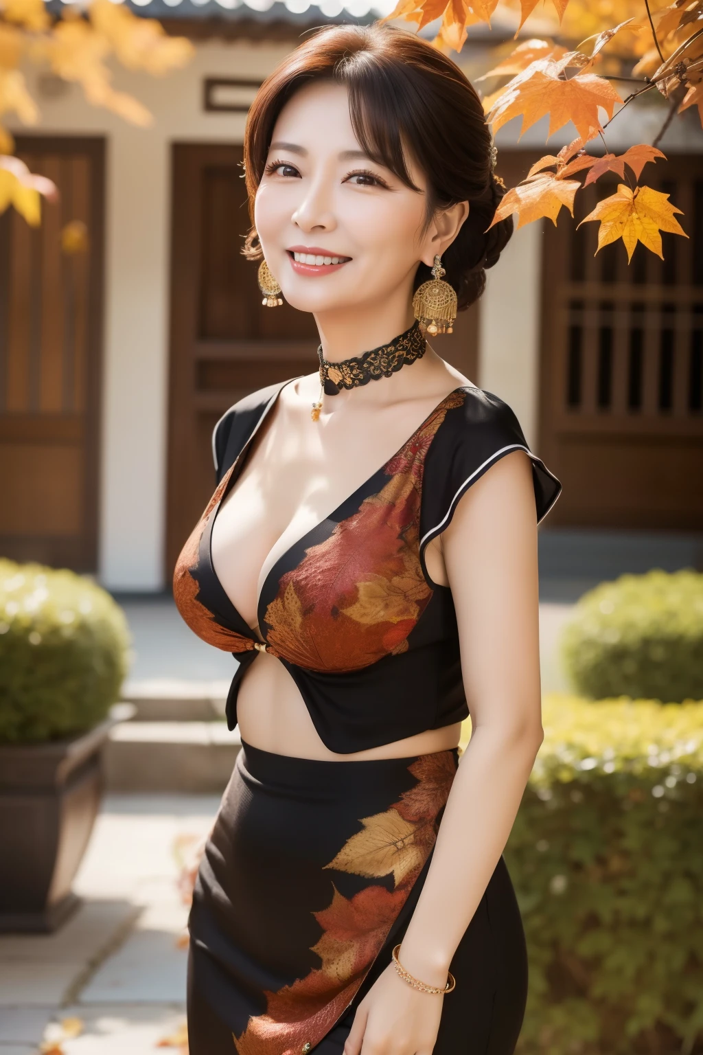 59 Mom milf Chinese Lady large earring Big choker navel piercing decoration A bracelet realistic Gorgeous Madame Beautiful Mature Woman sexy Smile Gentle woman navel piercing 4k High quality autumn leaves