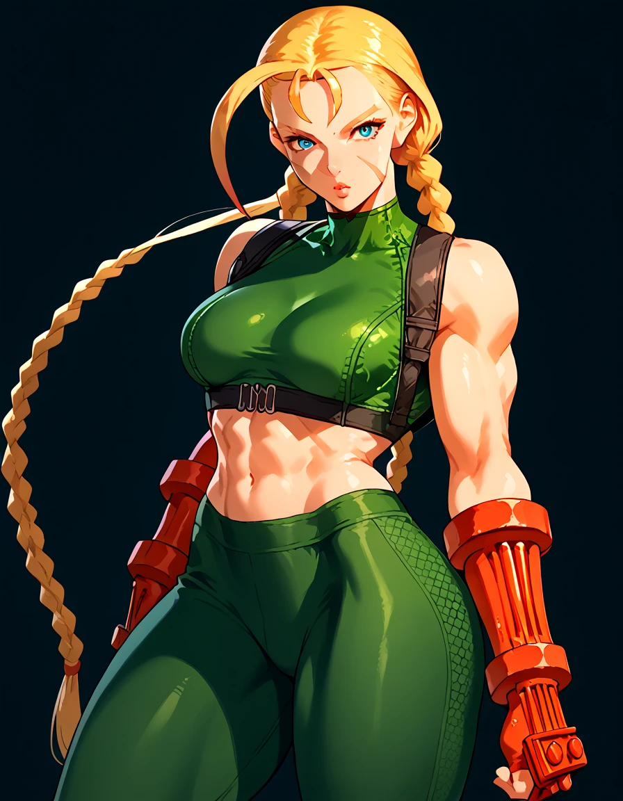 score_9, score_8_up, score_7_up, rating_questionable, epiCPhoto, 1 girl, very sexy (cammySDXL, blonde hair, long hair, double braids, scar on face: 1.1), beautiful waifu, yoga pants, dark green yoga pants, at the gym, long legs, thick, alone, cute, flirting, gaze, hooded eyes, head tilt, makeup, photoshoot, close-up.