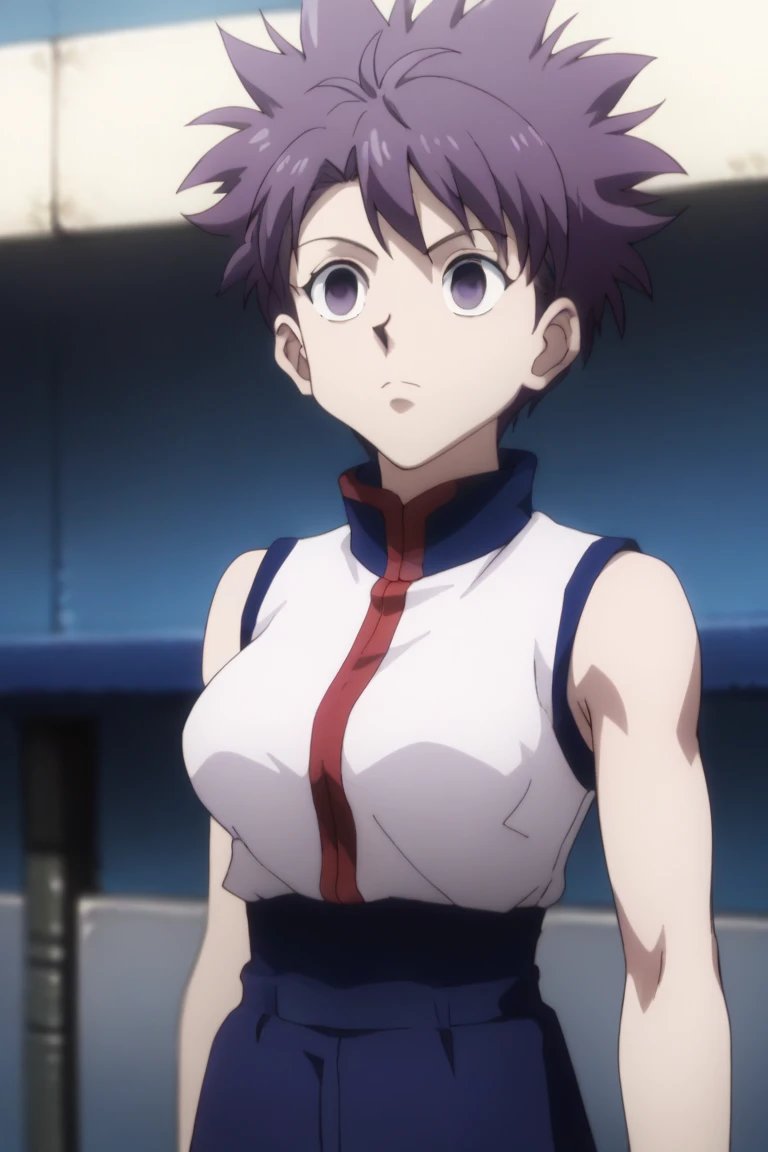 score_9, score_8_up, score_7_up, score_6_up, score_5_up, score_4_up, BREAK source_anime, (best quality:1.1), (masterpiece:1.4), sleeveless top, depth of field, 1girl, solo, female, purple hair, purple eyes,big breast,her tommy/stomache is seeable,empty eyes